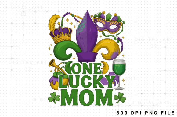 One Lucky Mom Mardi Gras PNG Design: A Vibrant Graphic for T-Shirt Projects